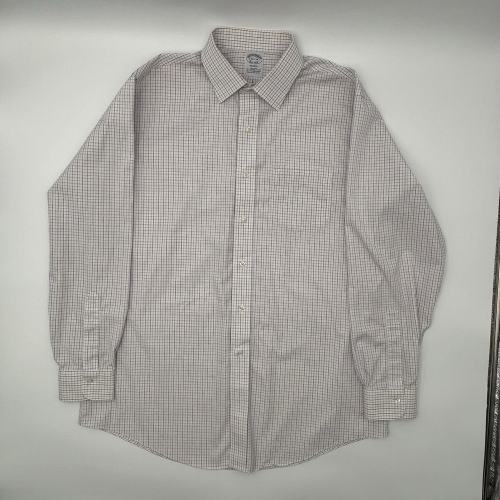Brooks Brothers Regent Shirt 16.5 34 Purple Check Non-Iron Supima Cotton Stretch
